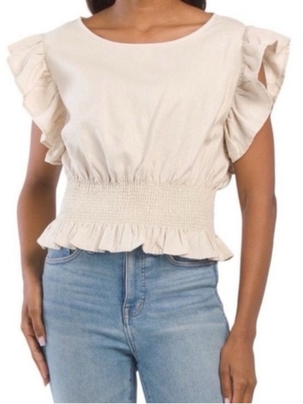 Cupcakes & Cashmere Cream Ruffle-Sleeve Smocked Waist Top